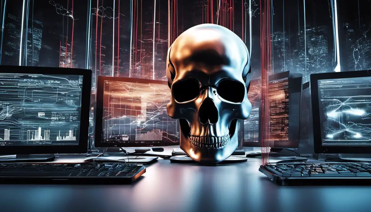 Image describing a botnet, showing multiple computers connected together with lines, and a skull symbolizing cybercriminals controlling them.