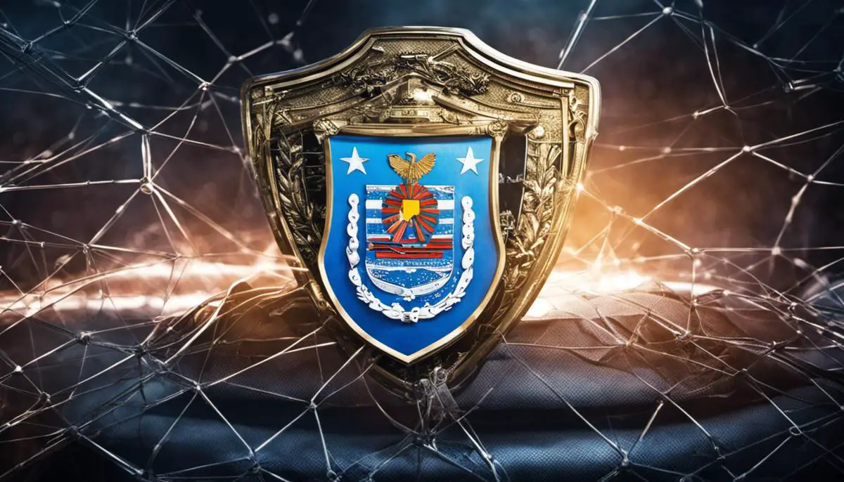 Imagen representando la ciberseguridad y la IA, mostrando un escudo de protección cibernética con IA interactuando para detectar amenazas y proteger la seguridad digital
