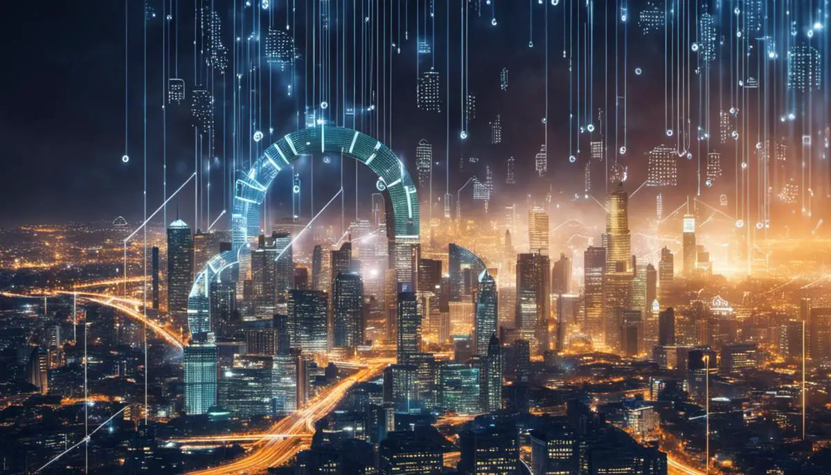 Image describing the impact of AI in cybersecurity, showcasing a futuristic cityscape with binary code and a padlock symbolizing security.