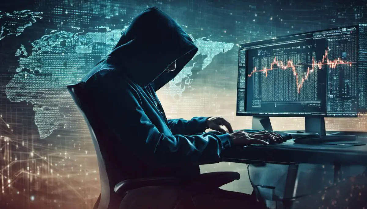 Ilustración de un hacker enmascarado en código binario, representando su influencia en la ciberseguridad mundial