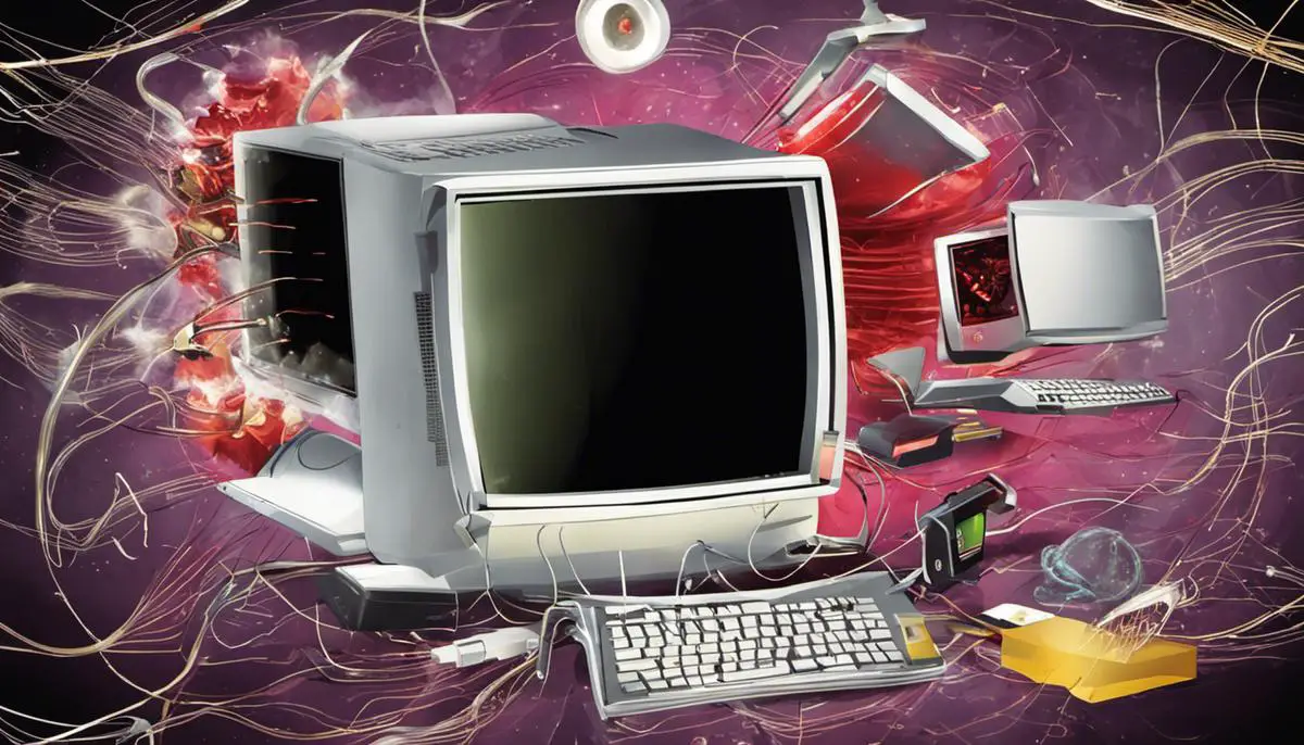 Illustration of a computer being attacked by various forms of malware, representing the start of malware attacks.