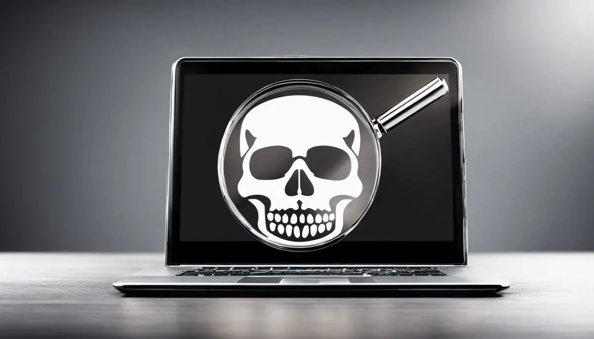 Image description: A magnifying glass over a computer screen with a skull and crossbones symbolizing the threat of malware