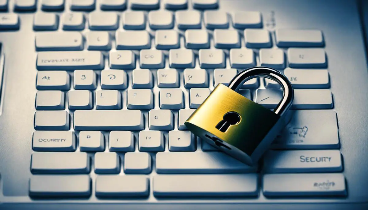Close-up of a laptop keyboard with binary code and padlock symbol, representing digital security threats